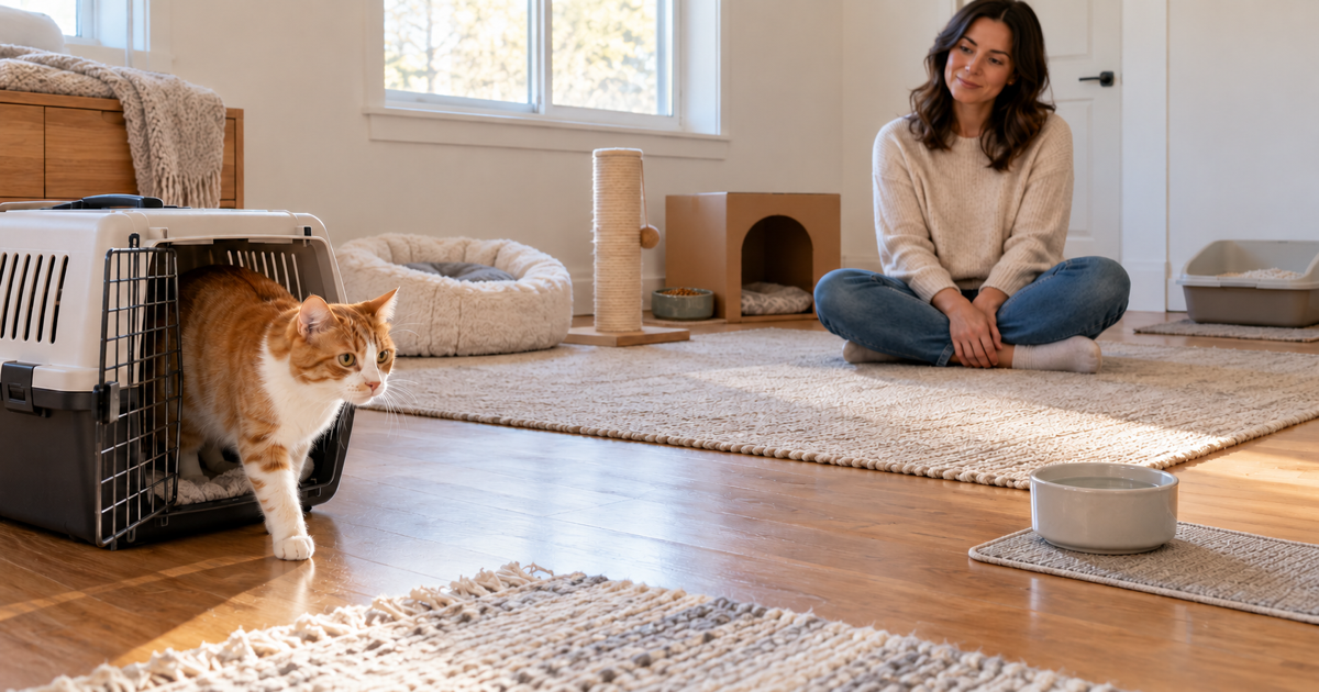 Ginger-and-white cat emerging from an open carrier into a quiet room with separated first-day supplies.