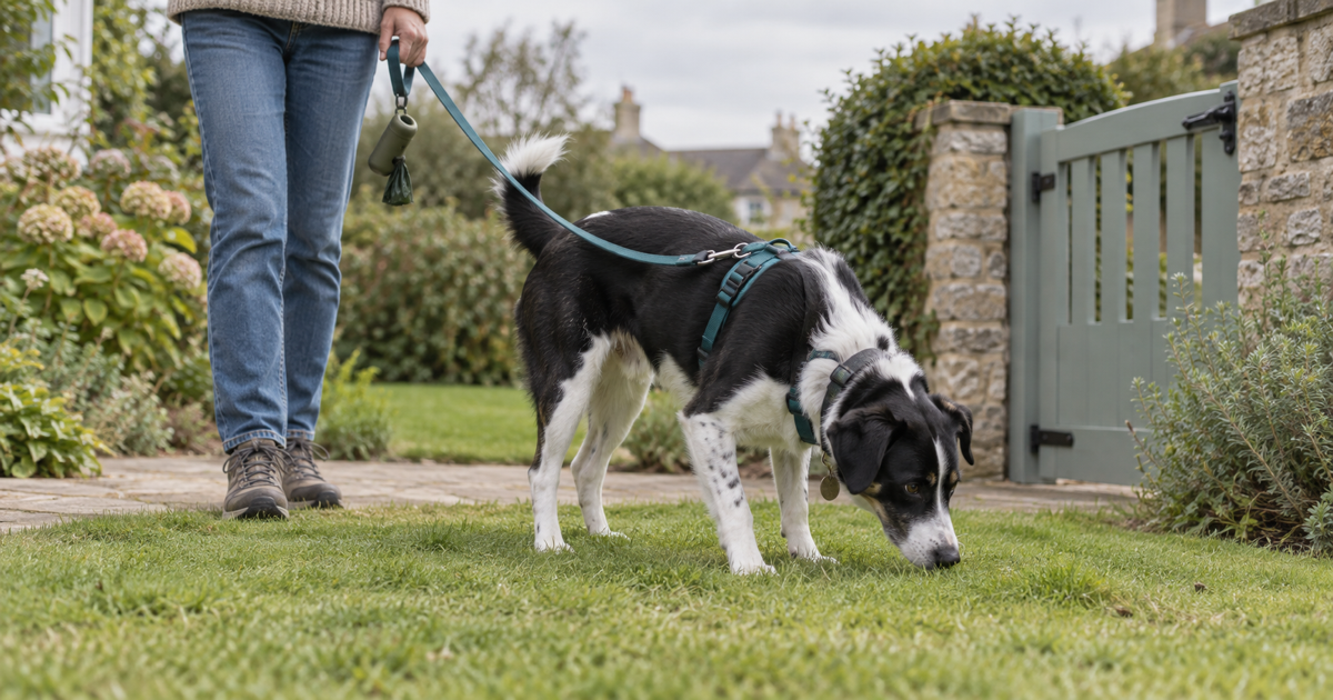 Black-and-white dog sniffing grass on a loose lead with its owner in a quiet front garden.