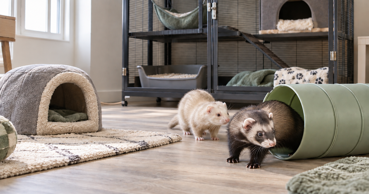 Two ferrets exploring a safe tunnel beside a spacious enclosure with separate litter and resting areas.