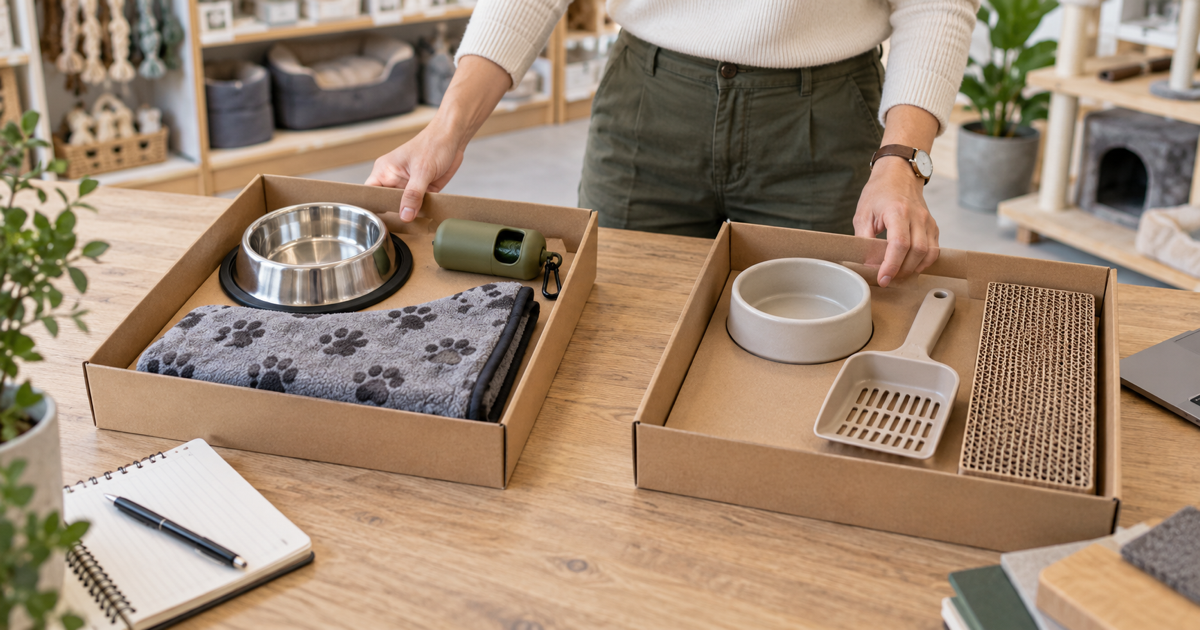 Retail buyer comparing separate dog and cat starter-kit sample trays on a worktable.