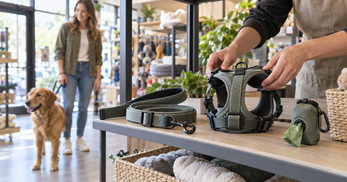 Retailer arranging dog-walking products on a pet-shop shelf with an adult dog nearby