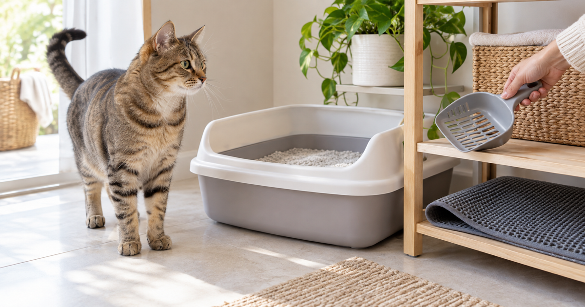Tabby cat beside a clean litter box while a person checks a litter scoop