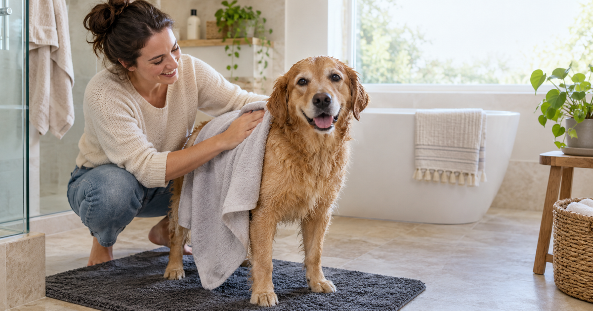 Golden retriever standing on a non-slip mat while a caregiver gently towel-dries its coat
