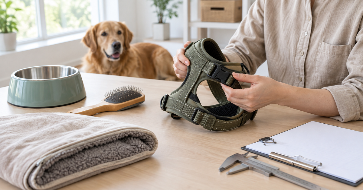 Inspector checking the buckle and stitching of a dog harness beside other pet accessories