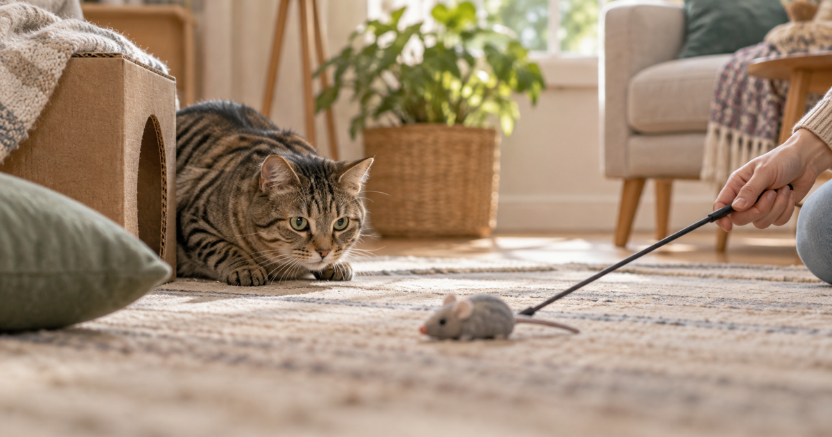 Tabby cat stalking a soft mouse toy moved along the floor by a caregiver
