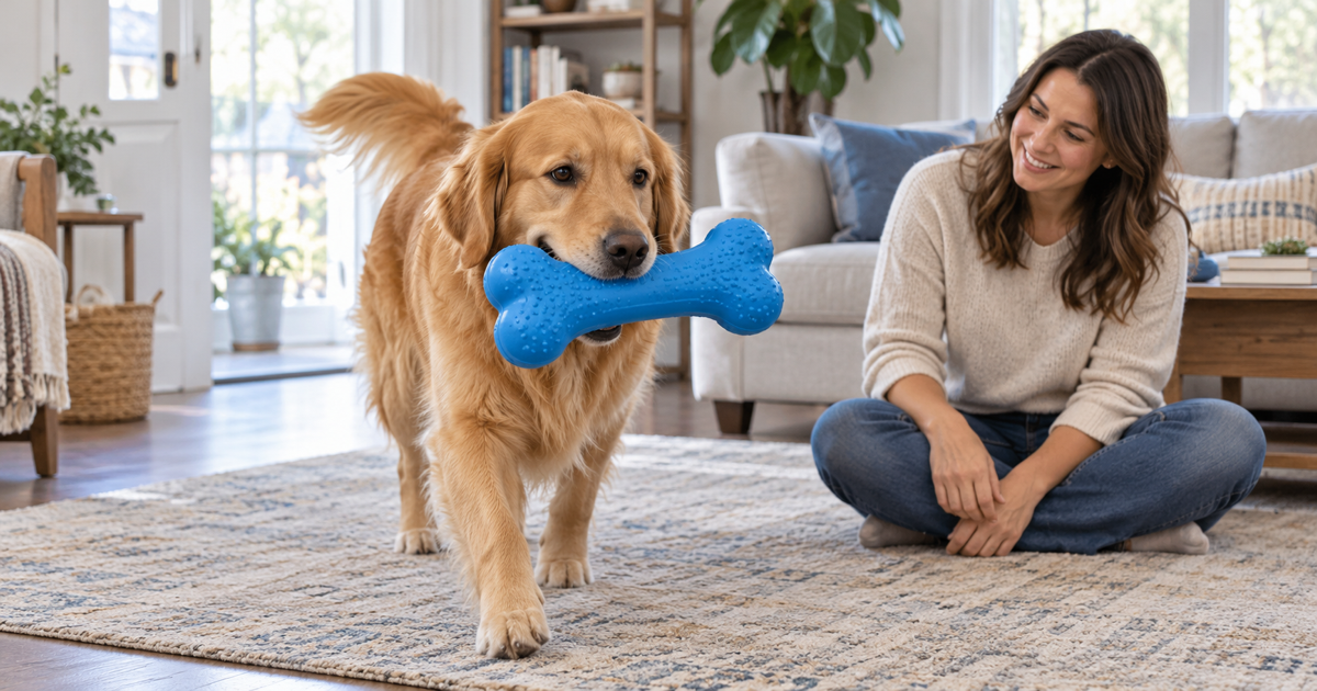 Golden retriever carrying a large rubber dog toy while a caregiver supervises nearby