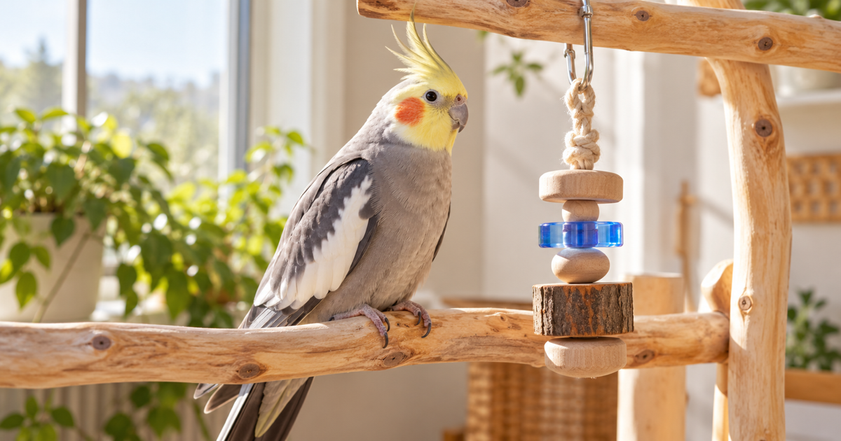 Cockatiel beside an intact wood toy with a closed metal link and short rope