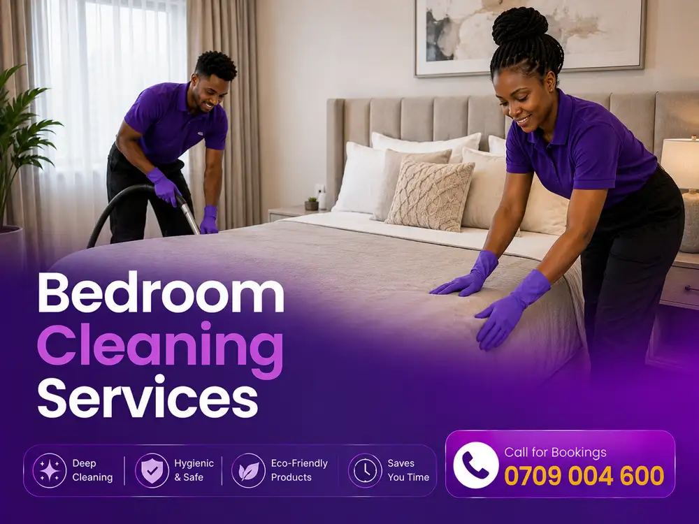 Bedroom care service in Nairobi — beds made, surfaces dusted, floors vacuumed