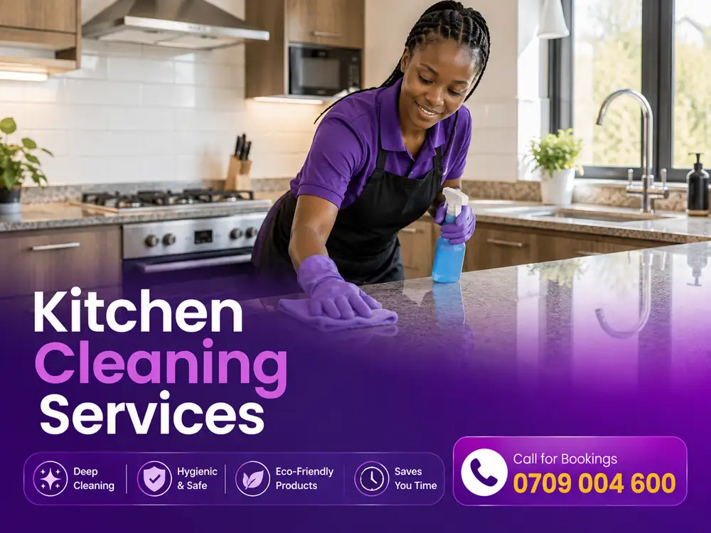 Kitchen care service in Nairobi — surfaces, appliances, and floors handled by Cleaner-Kenya