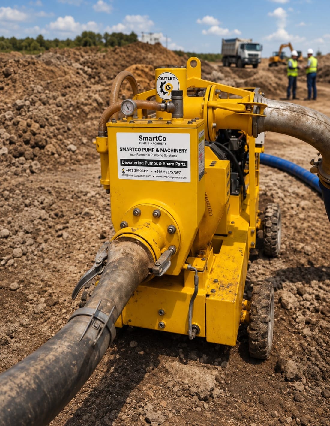 SmartCo dewatering pump with suction hose on an excavation site