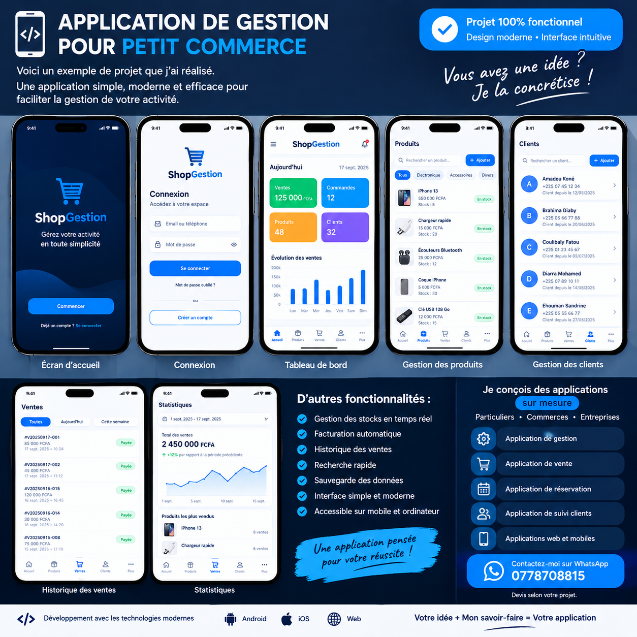 📱 Je conçois des applications sur mesure pour particuliers, commerces et entreprises.