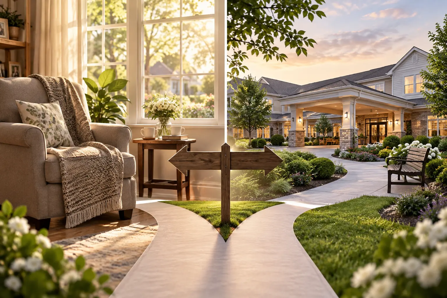 Home care vs assisted living Dallas comparison image showing a cosy home interior on one side and an assisted living community entrance on the other with a directional signpost between them.