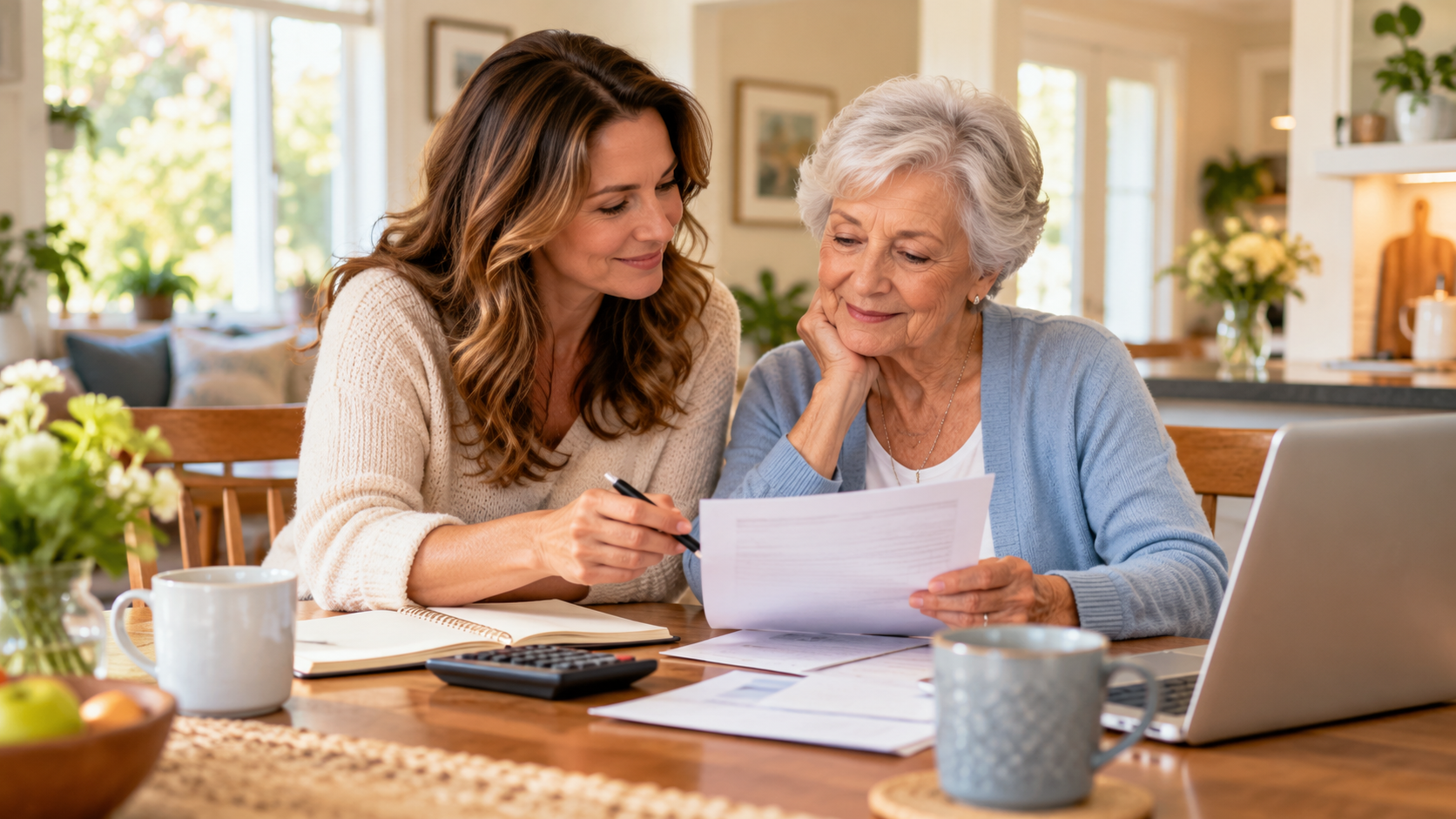 Adult daughter reviewing in-home care costs with her elderly mother in Dallas–Fort Worth