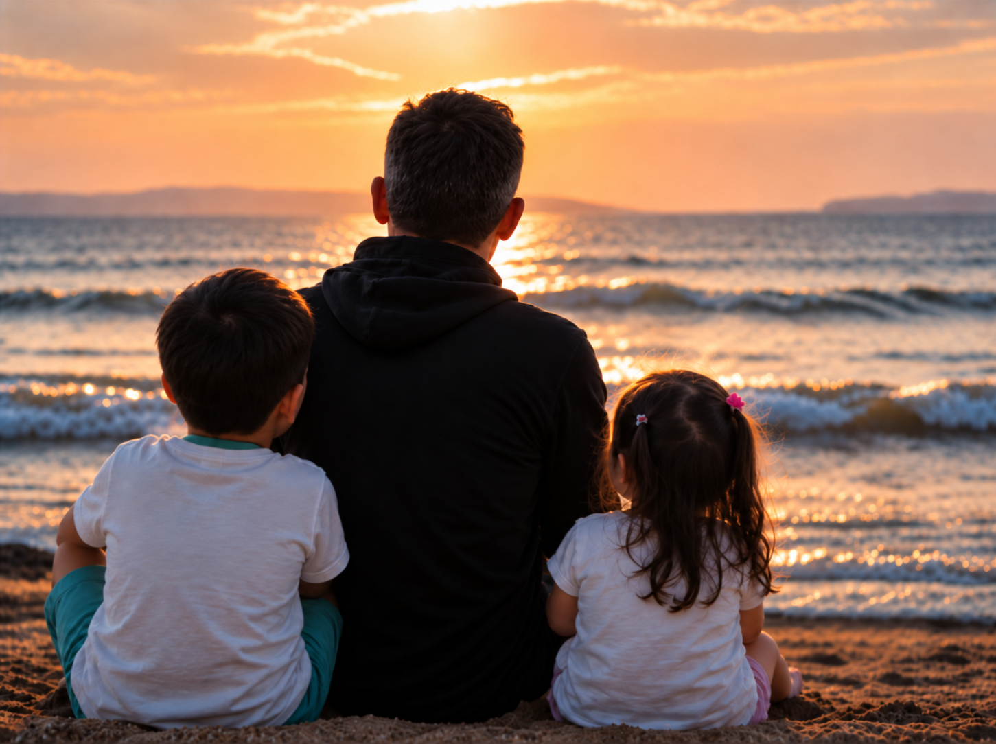 A family looking out across the sea at sunset