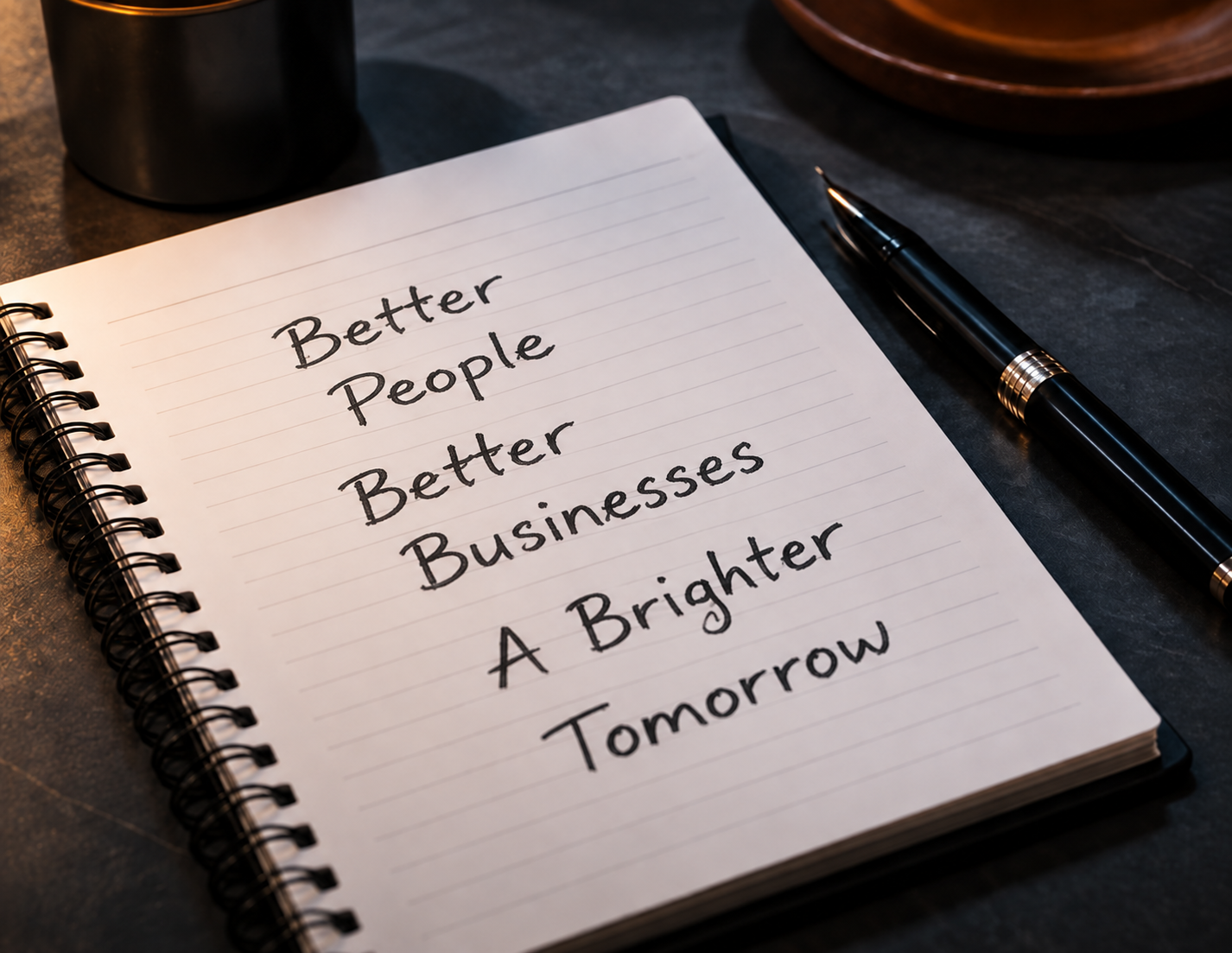 Notebook with Better People, Better Businesses, A Brighter Tomorrow written on the page