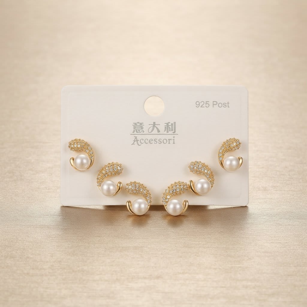 3-Pair Stud Set, Pearl Crescent