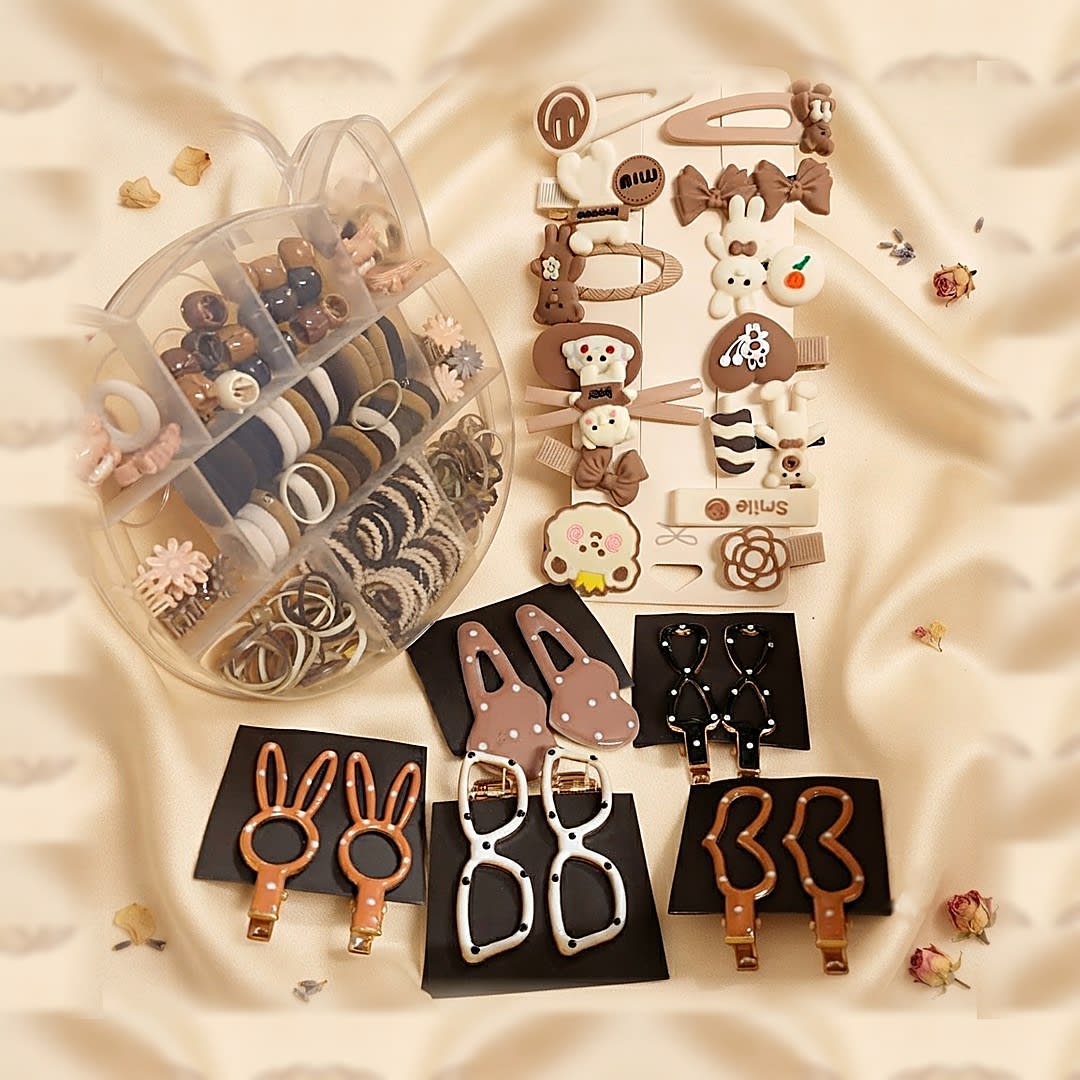 Kids Hair Accessory Combo Set 1 - Random Color (Brown, White & Black) Clips