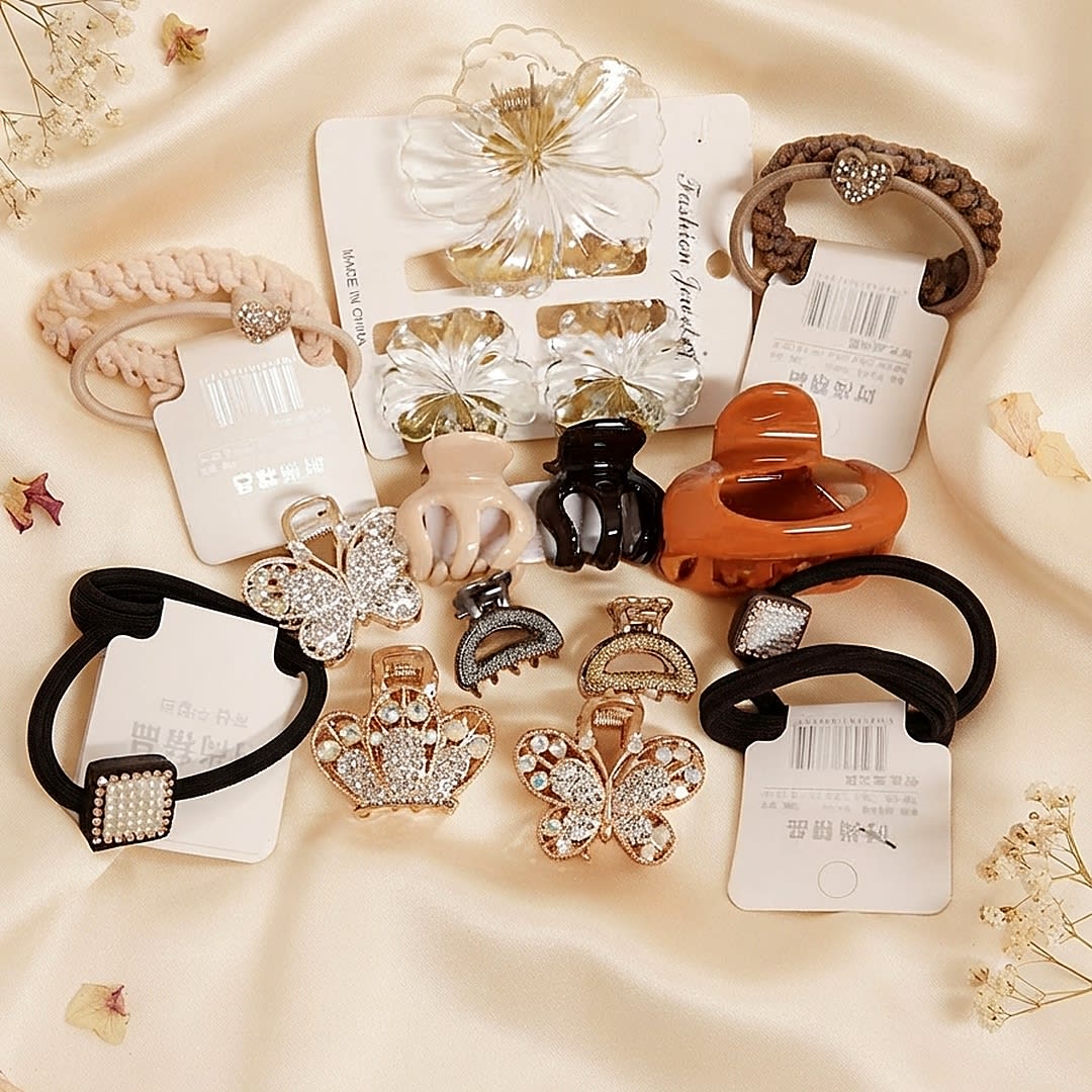 Elegant Crystal Hair Claw & Tie Combo Set - Random Color Selection