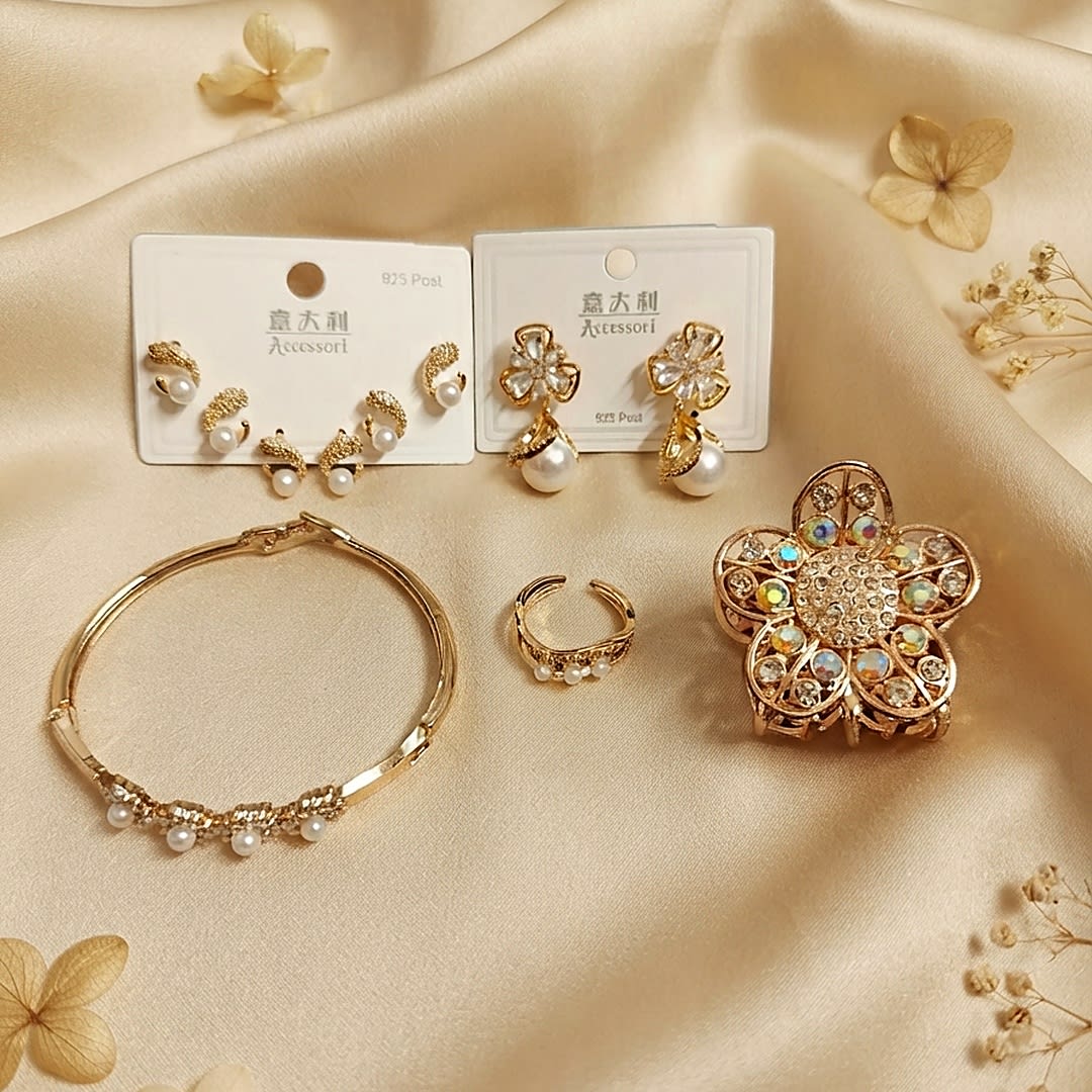 Pearl & Gold Jewelry Combo Set - Bangle, Earrings, Ring & Claw Clip