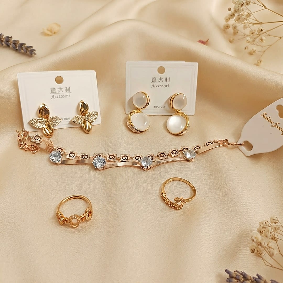 Gold Pearl & Zircon Jewelry Combo Set - Earrings, Rings & Bracelet