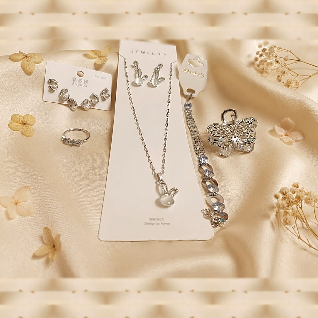 All-Silver Jewelry Combo Set - Pearl & Crystal Collection