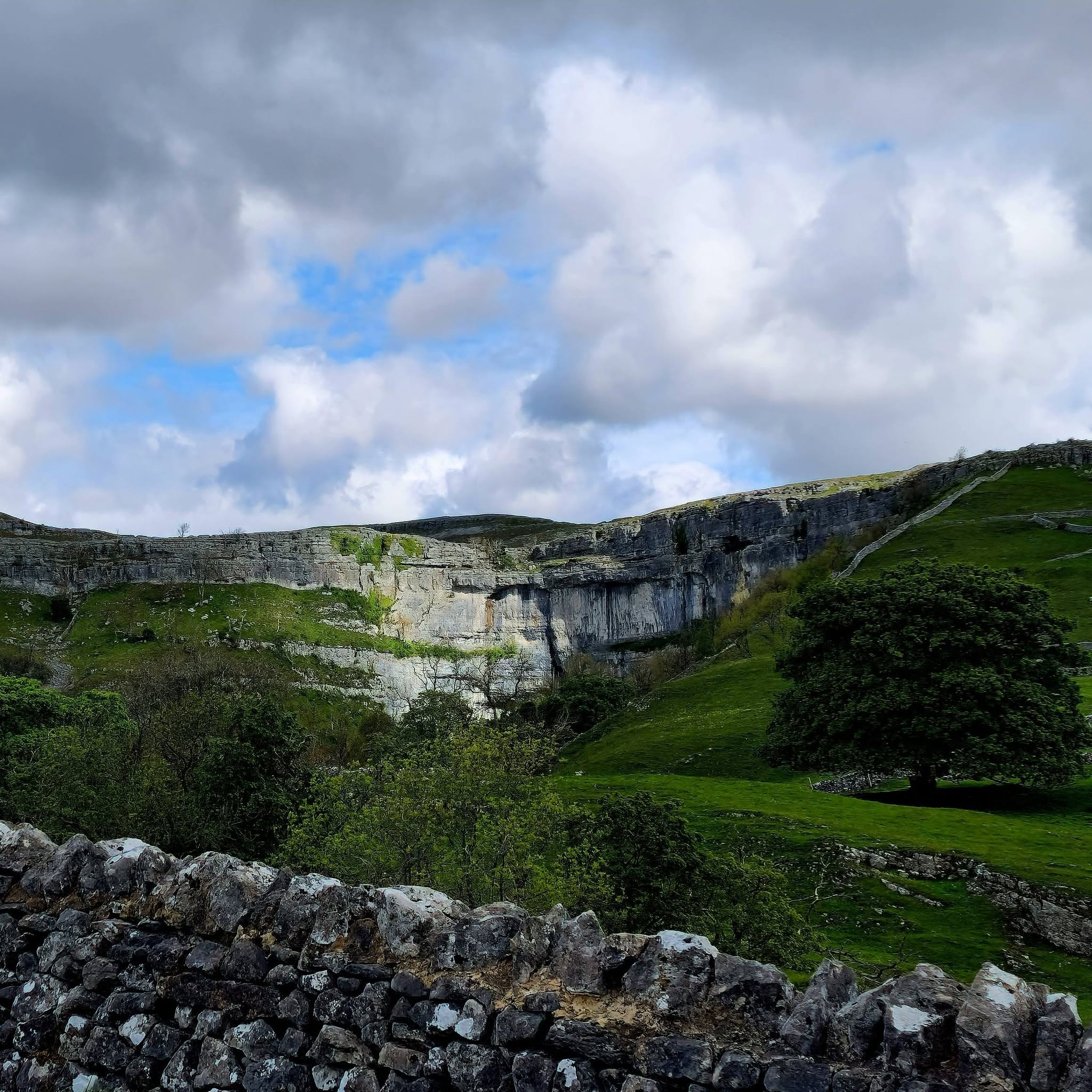 Limestone cliffs beyond a drystone wall