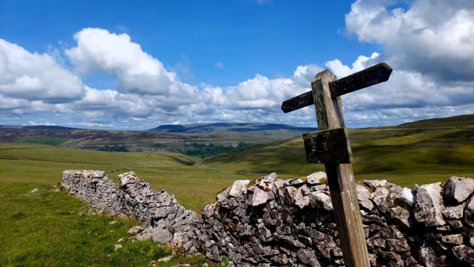Signpost and drystone wall overlooking the Dales