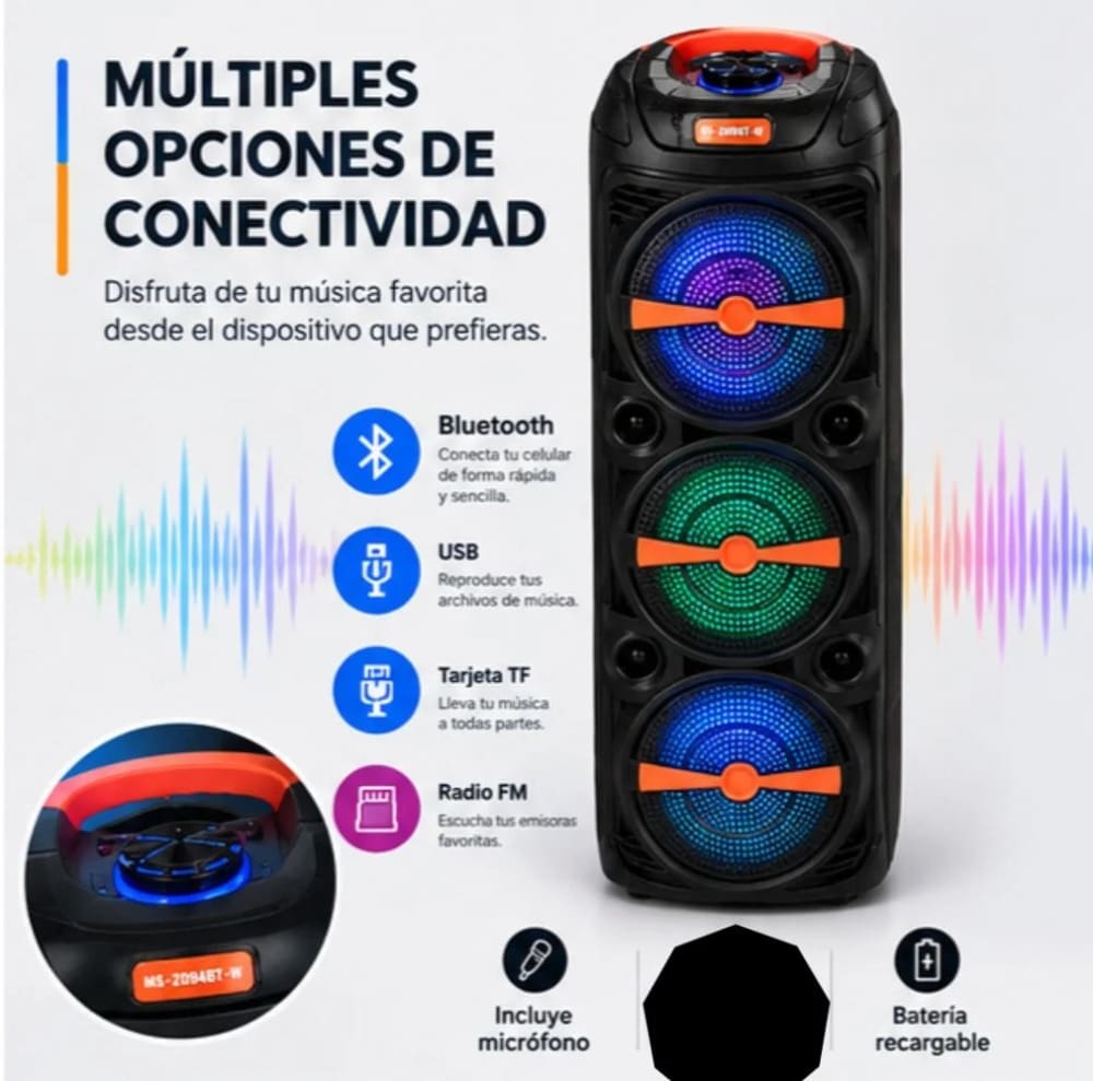 Parlante Bluetooth de 3 Bocinas MS-2094BT-W con Luces LED y Micrófono