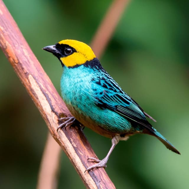 Tángara de corona azafrán posada en una rama en la zona de Guatapé