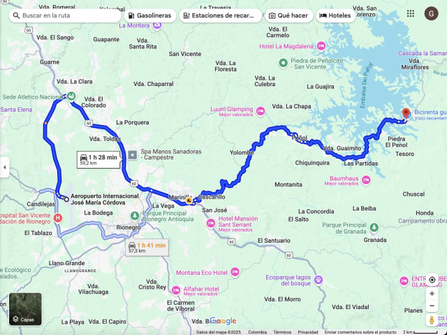 Mapa de la ruta del aeropuerto JMC a Guatapé
