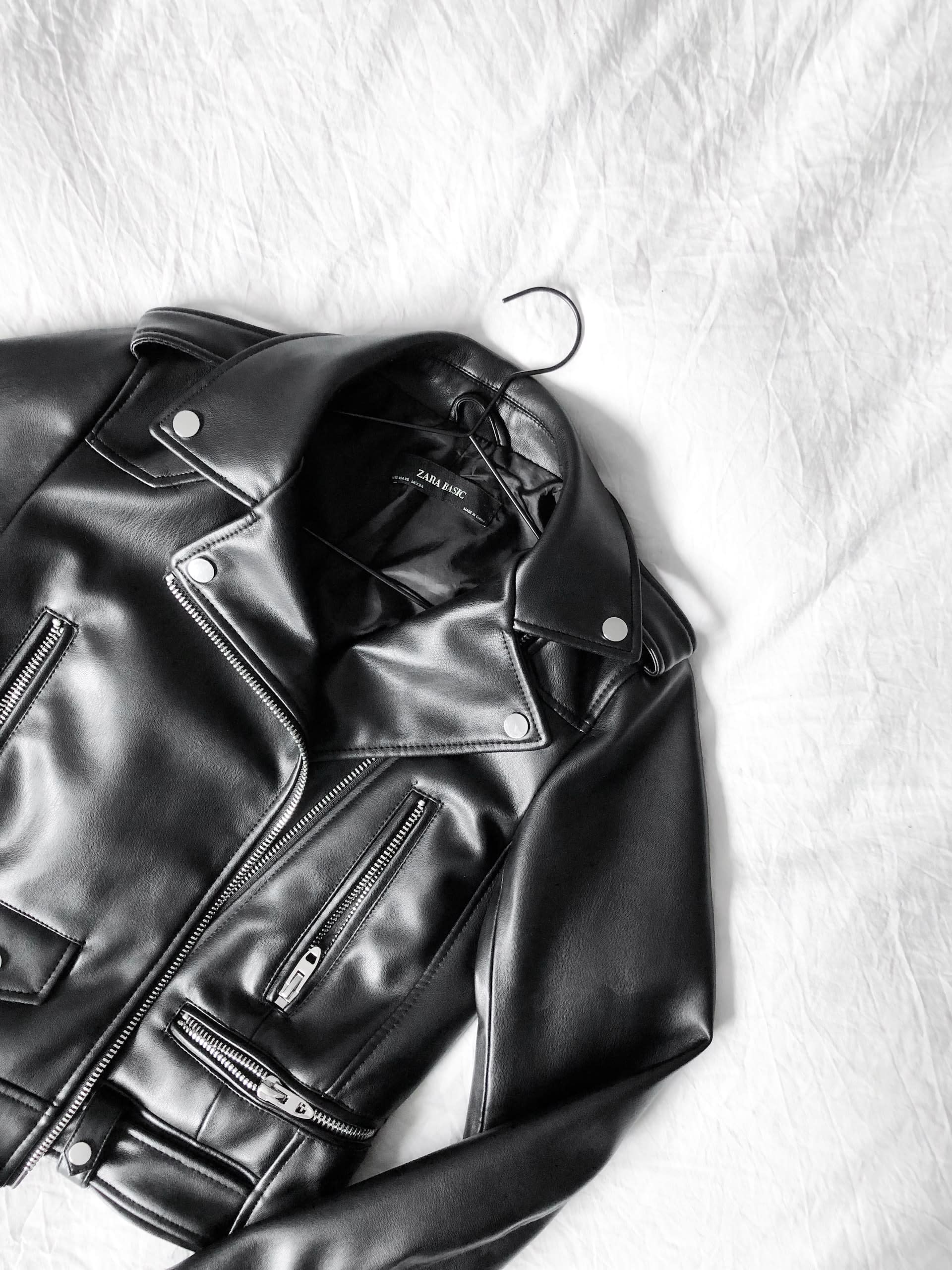 Black leather biker jacket with zip details