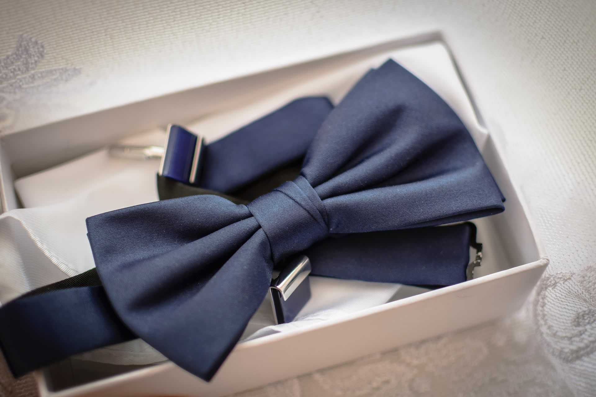 Navy bow tie in a box