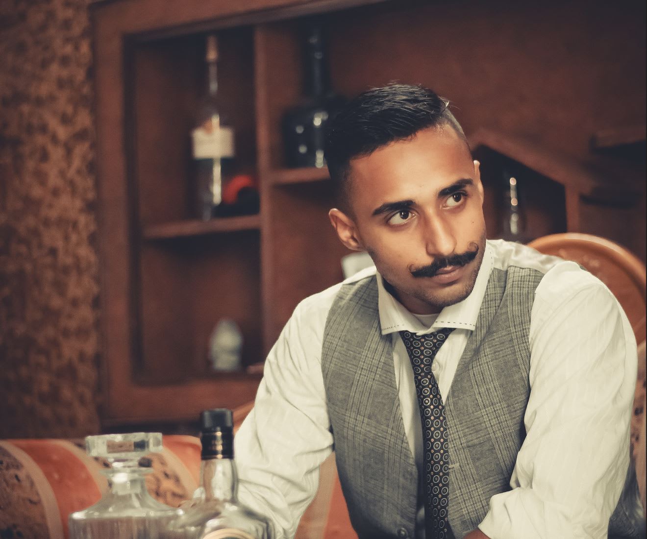 Distinguished gent with smart moustache in shirt tie and waistcoat