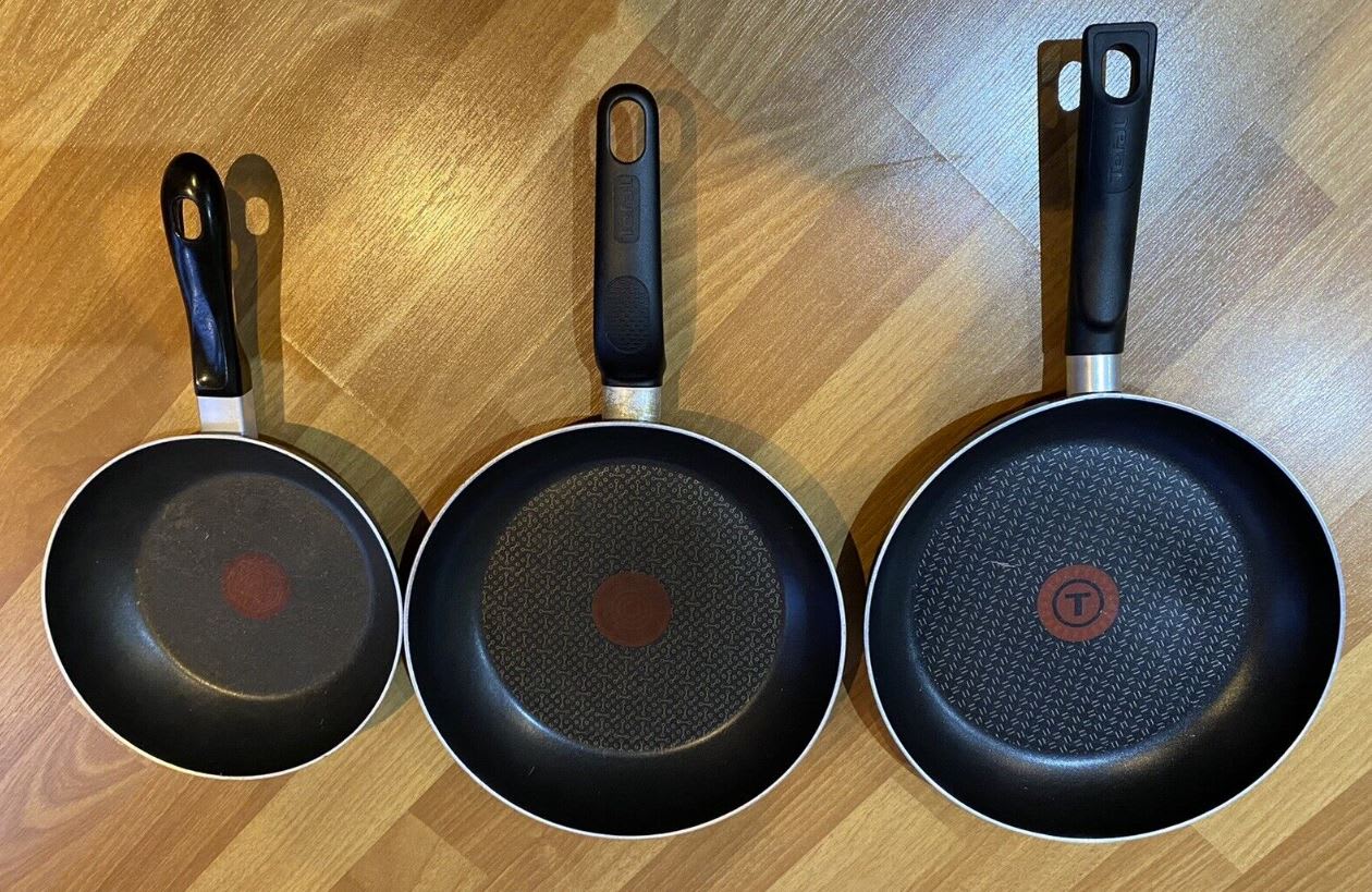 Set of three used Tefal non-stick frying pans