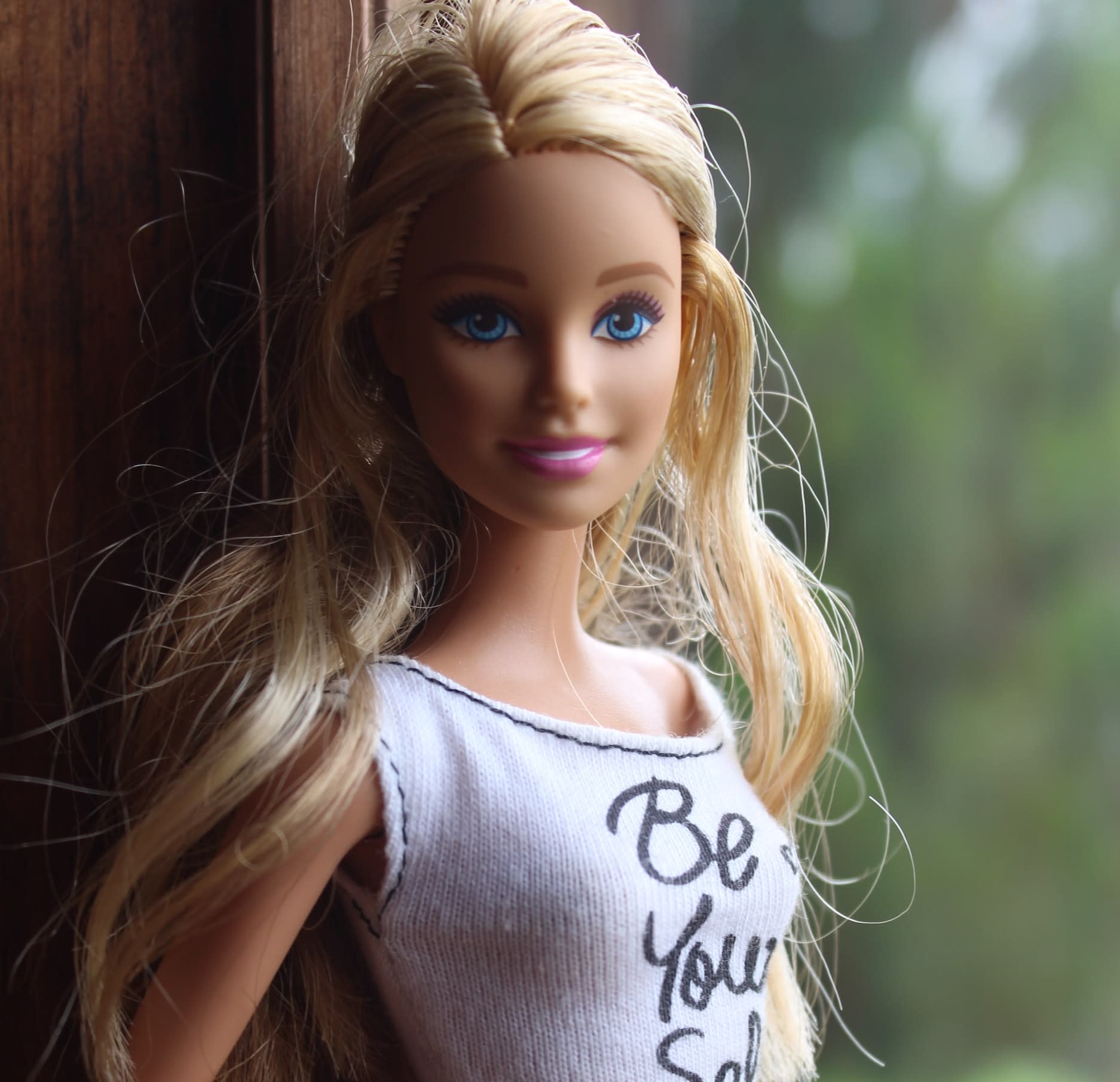 Barbie doll near window