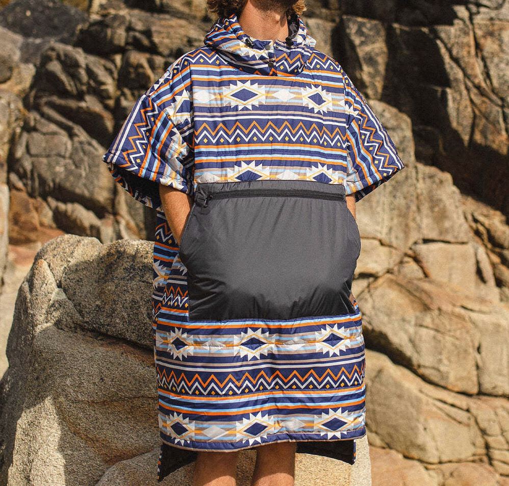 Man wearing second-hand aztec print changing robe