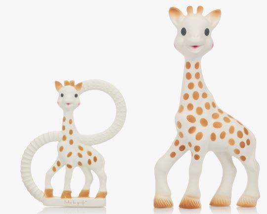 Both varieties of Sophie Giraffe teething baby toys