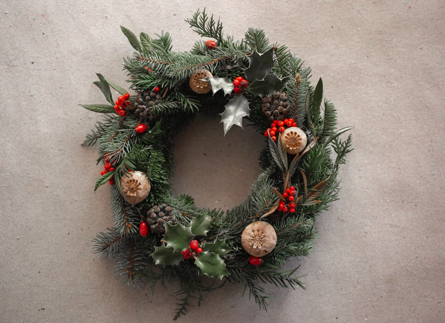 Green and brown wreath with baubles