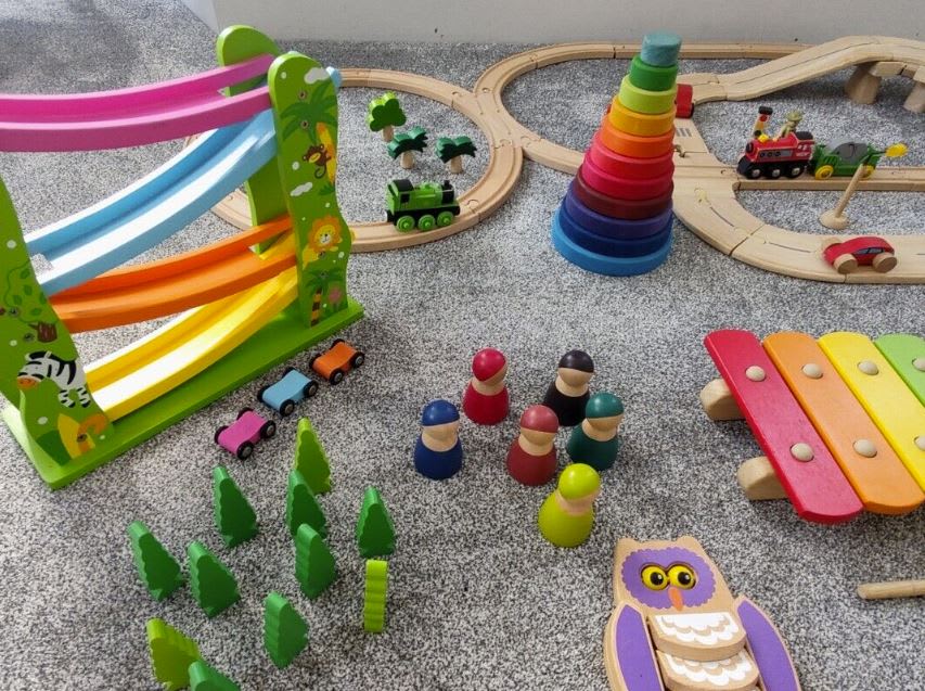 Range of Montessori toys laid out