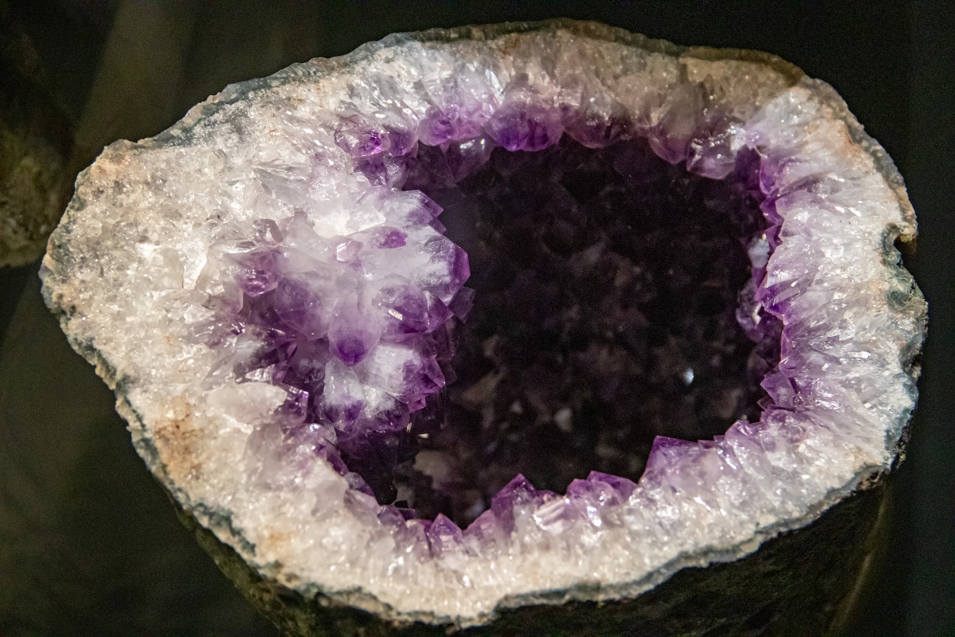 Second hand crystal geode, purple and white