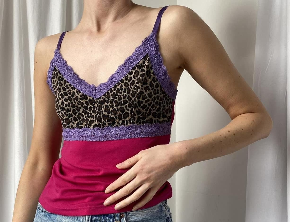 Pink, purple and leopard print vintage scrappy top