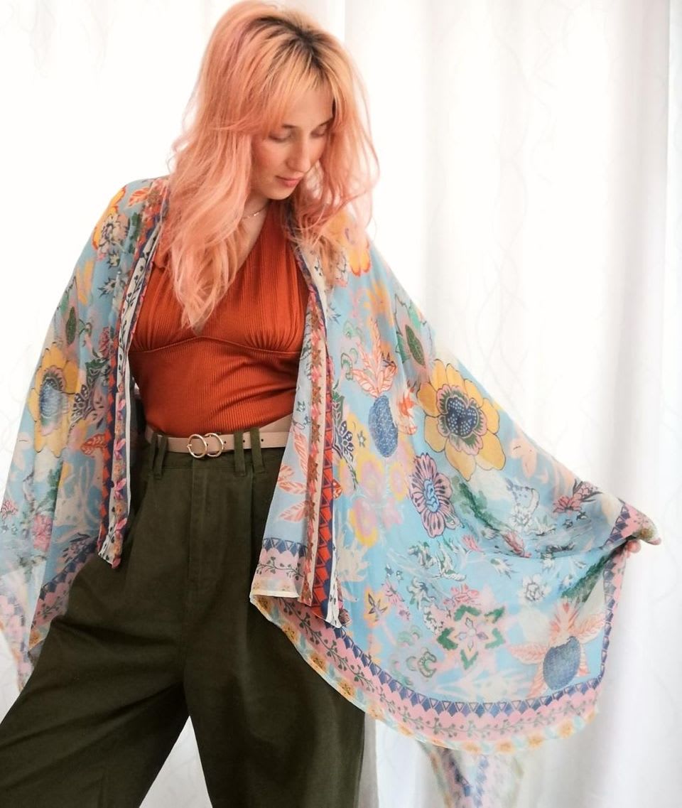 Pegz Preloved wearing a second hand kimono and slacks