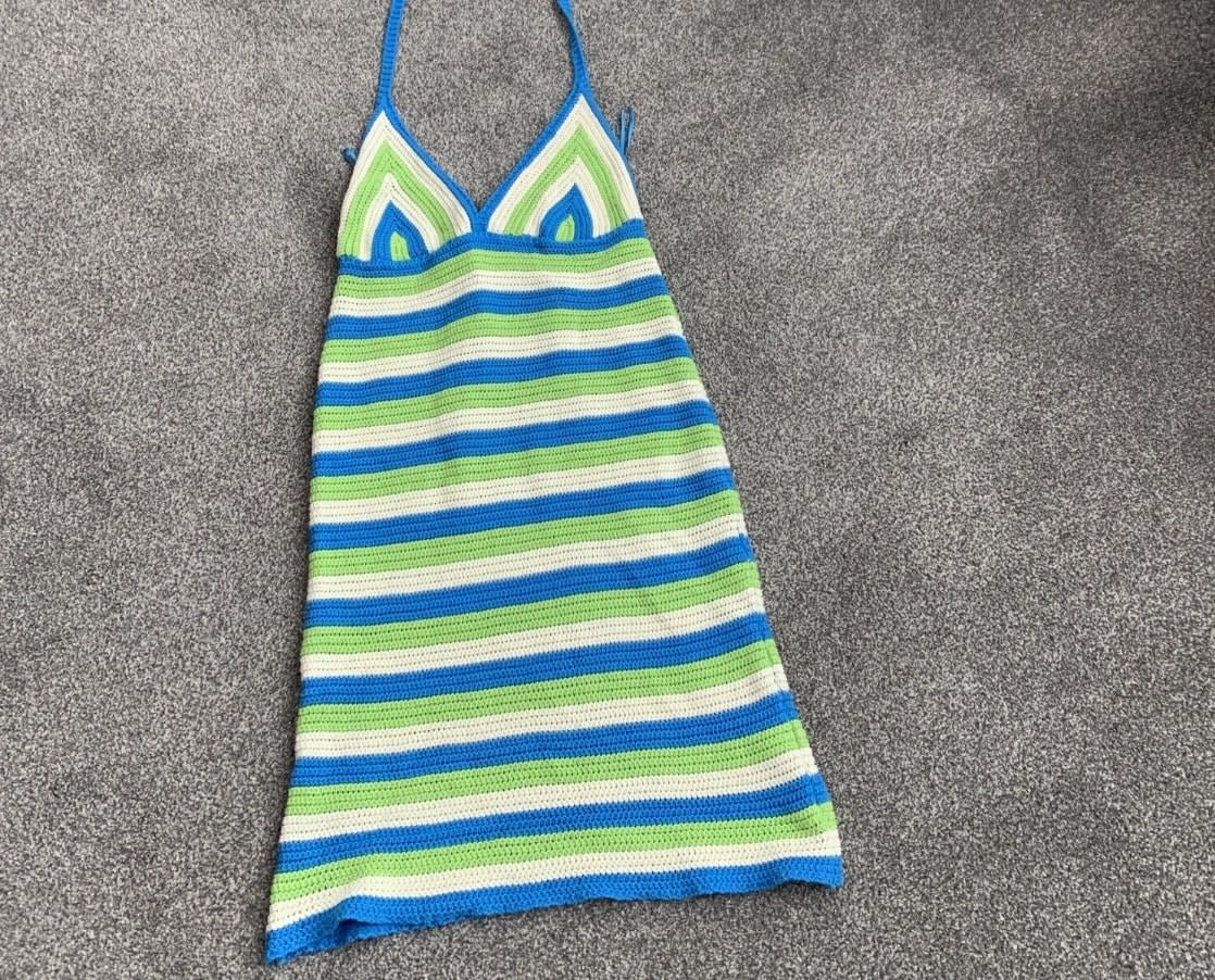 Pre-loved green and blue striped crochet dress