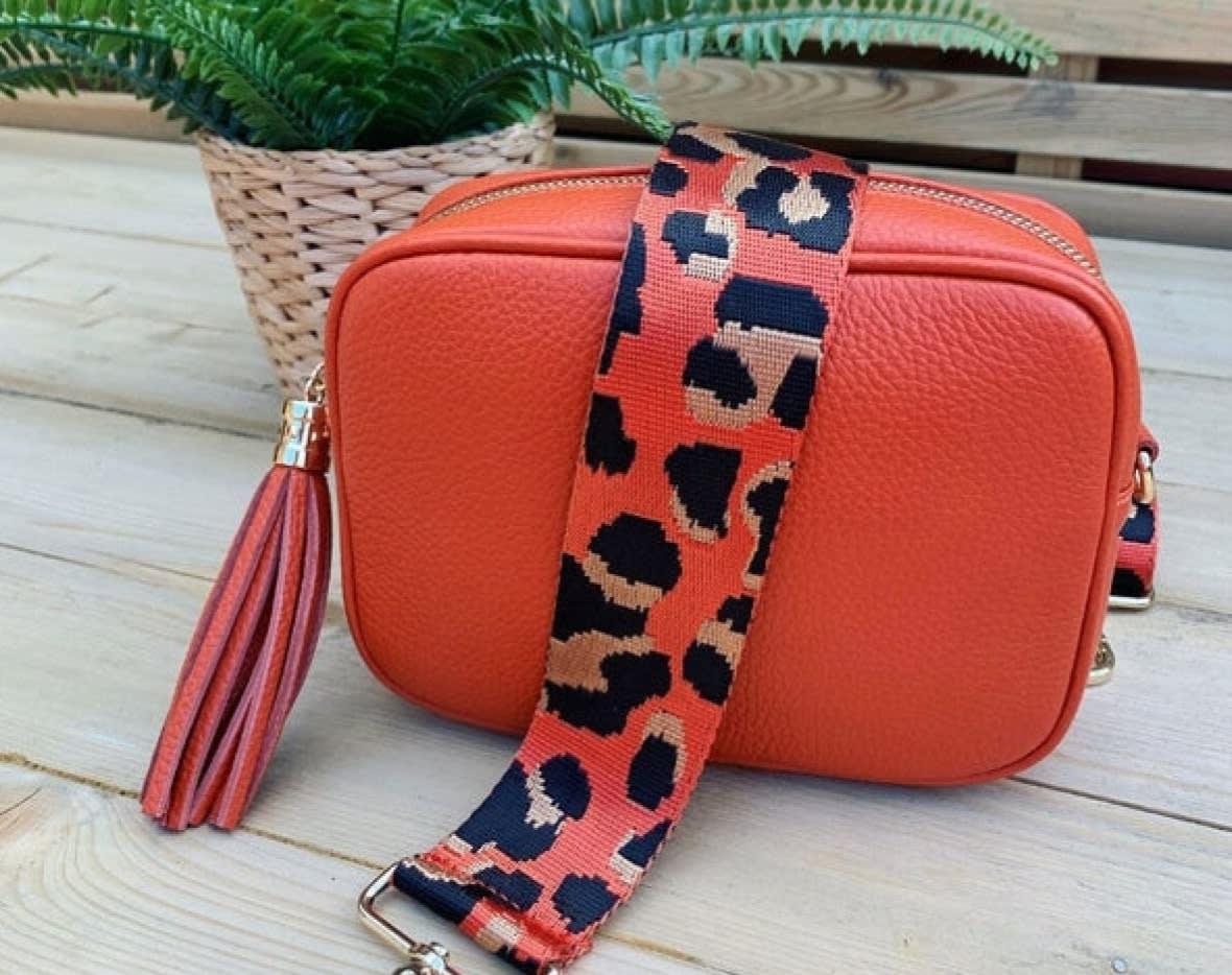 Pre-loved funky orange handbag with leopard print strap