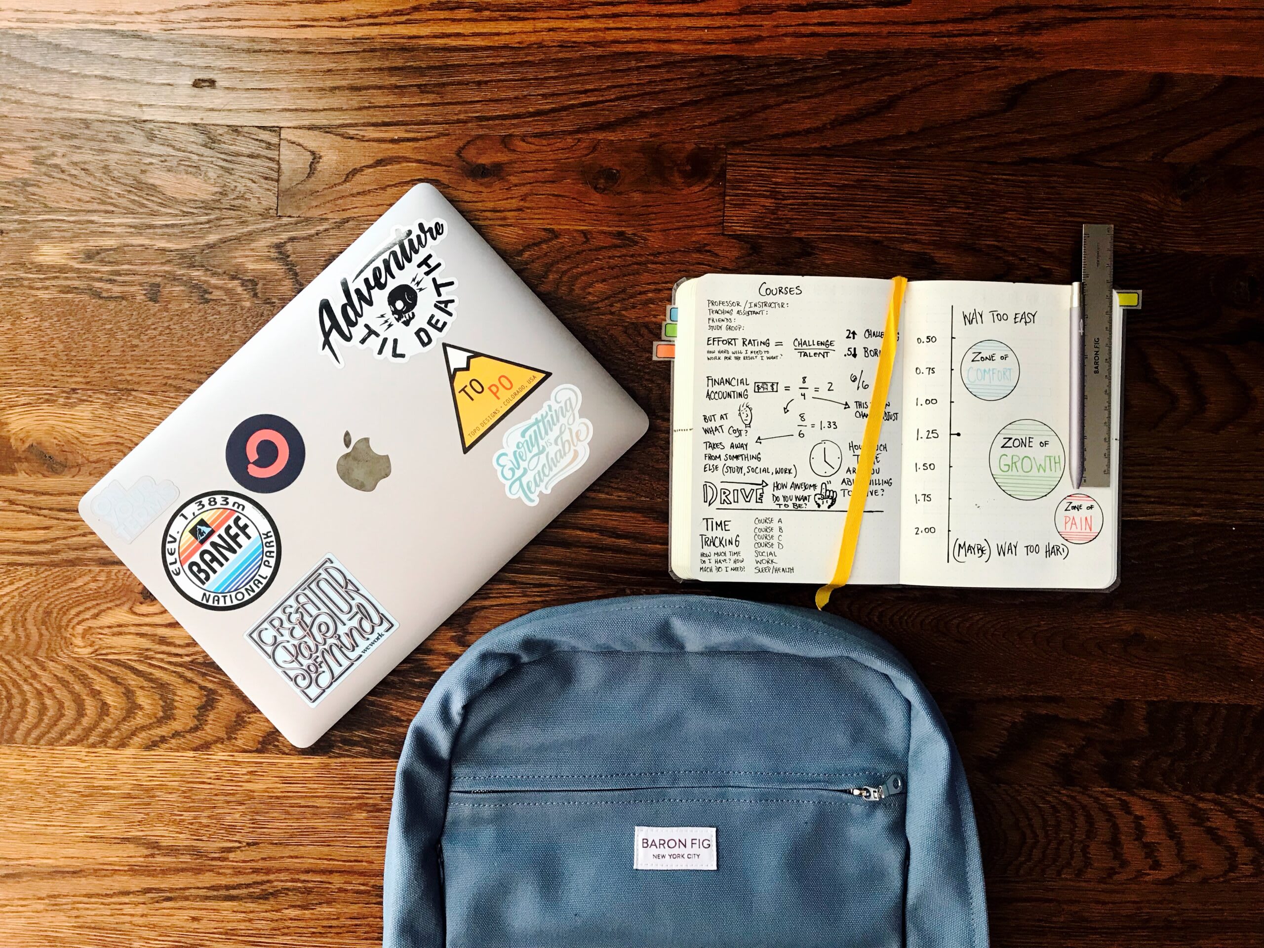 Second hand backpack, laptop and notebook on a desk