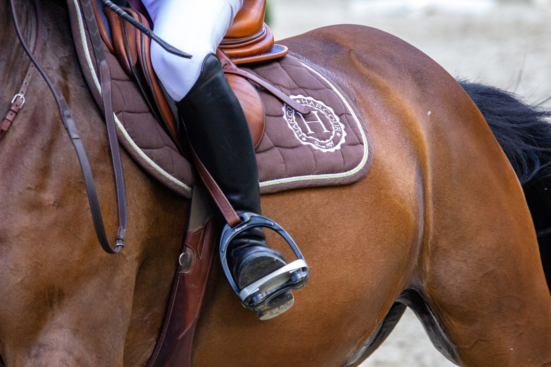 Person riding a horse, close up of stirrup leathers