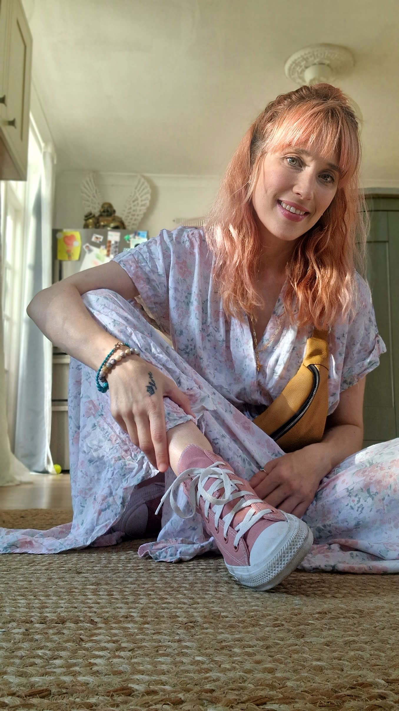 Pegz preloved wearing second hand outfit of maxi-dress plus pink converse