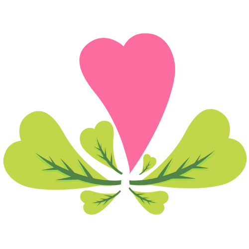 Illustration of a single pink heart with 6 green hearts