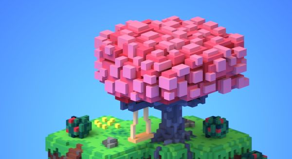 Minecraft picture of a pink tree on a green island