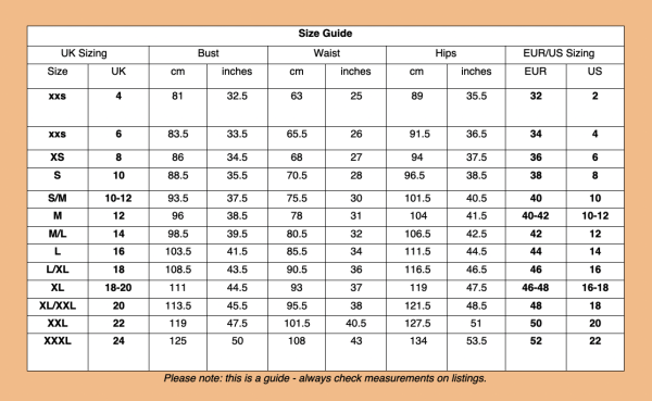 Vintage size chart guide